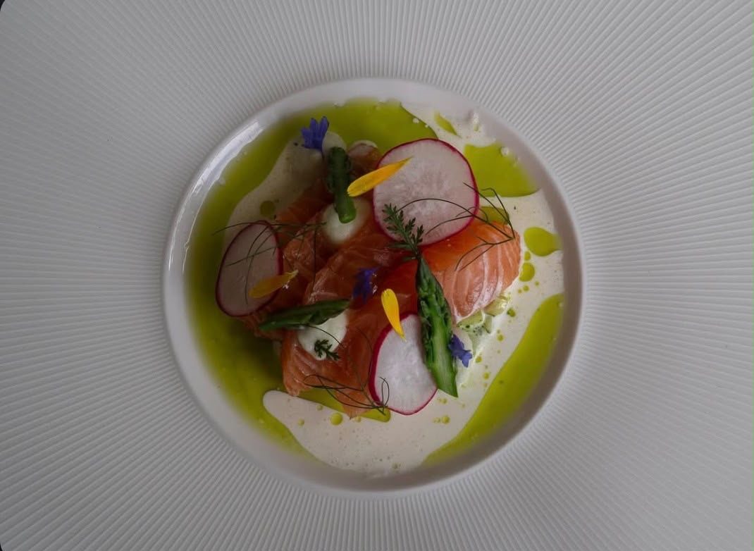 Gerecht met gemarineerde zalm, radijs en kruidenolie